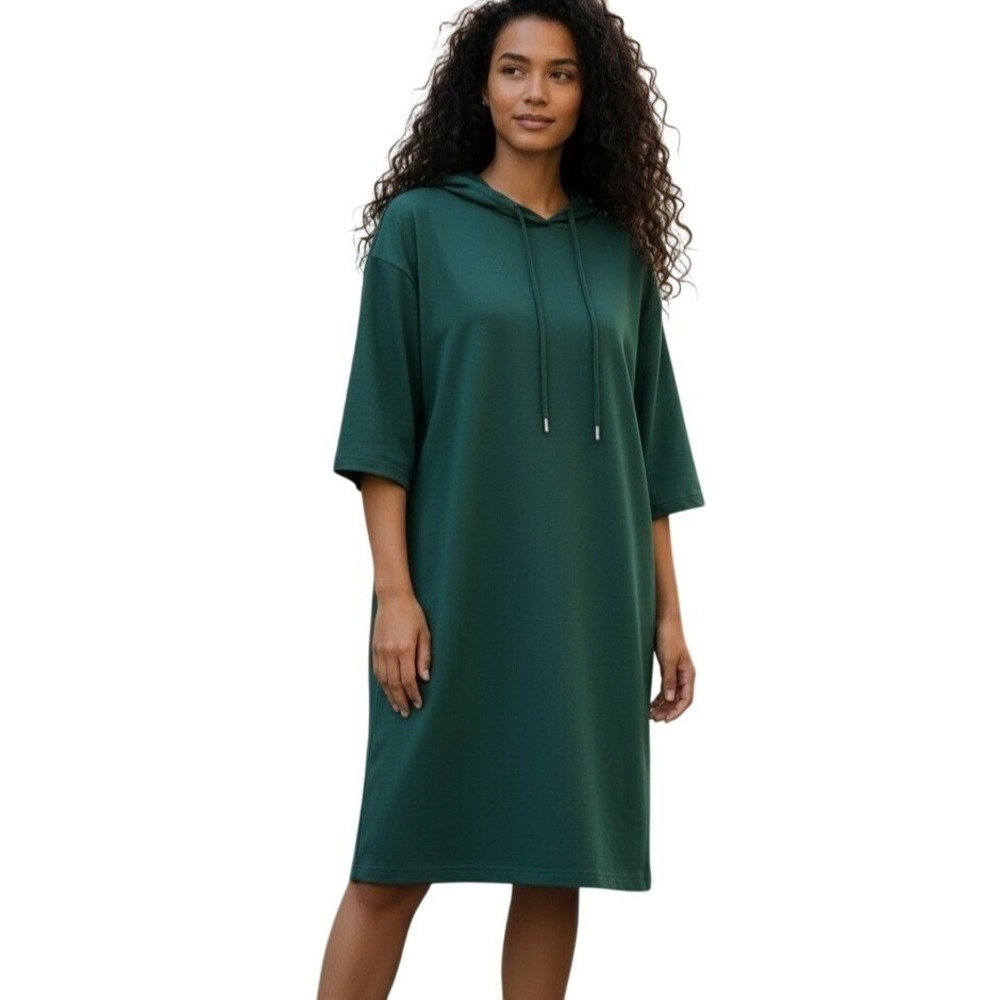 CYNTHIA ROWLEY SweatShirt DRESS Dark Green Hoodie Modal 3/4 Sleeves Size Small